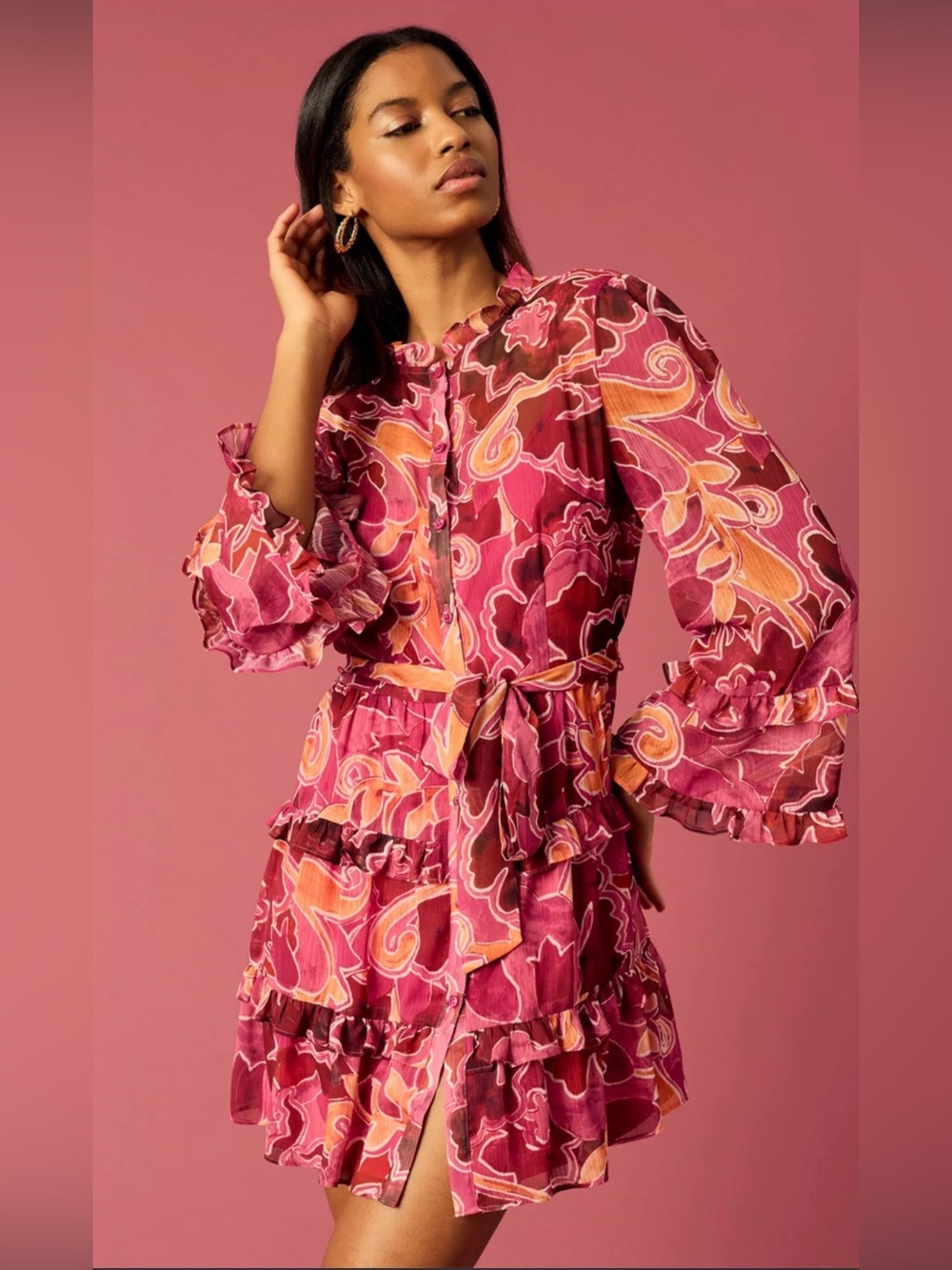 Donna Morgan Tania Shirtdress in Tilila Floral Pink & Orange Size 14 NWT
